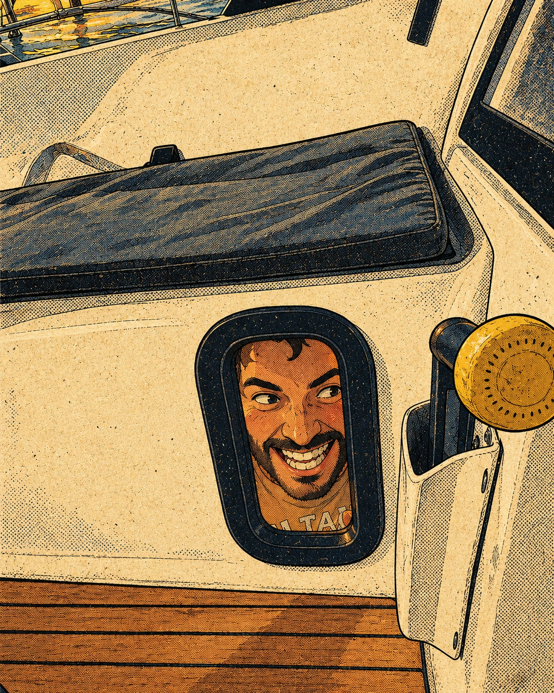 Konstantin smiling through a boat window
